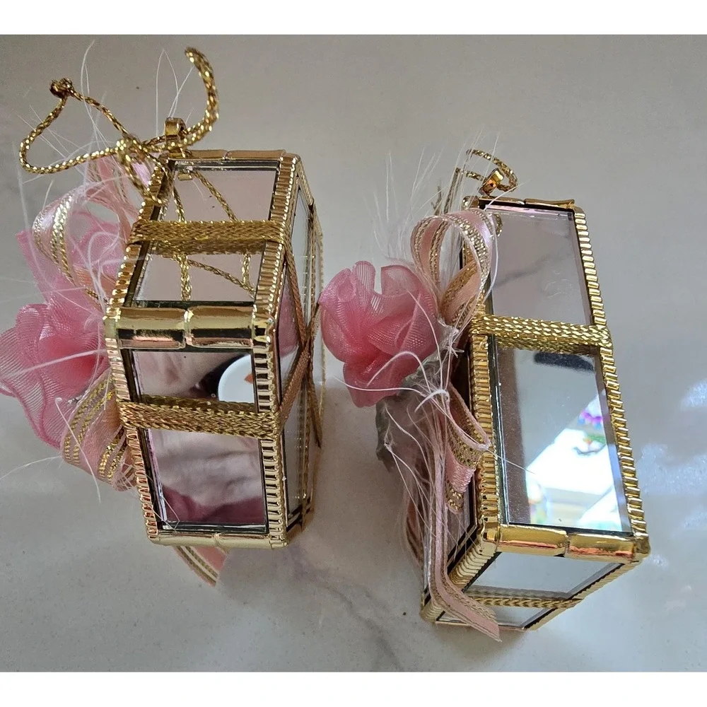 Vtg Glass Mirrored Gifts‎ Christmas Ornaments Gold Trim Ribbons Flowers Set Of 2